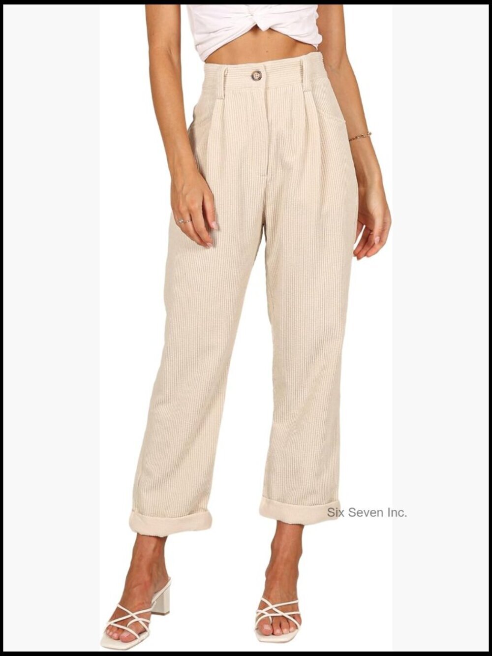 Corduroy Relaxed Fit Pants with Zipper Fly and Folded Cuff